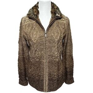 Eddie Bauer Lambswool Cable Knit Zip Cardigan Brown Ombre Faux Fur Collar Medium